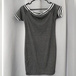 Gray Off-Shoulder Bodycon Dress with Striped Trim